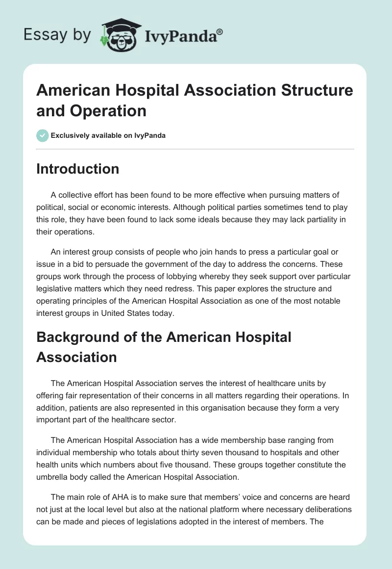 American Hospital Association Structure and Operation. Page 1
