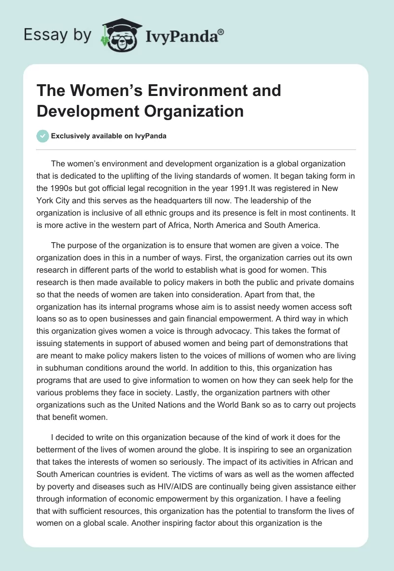 The Women’s Environment and Development Organization. Page 1
