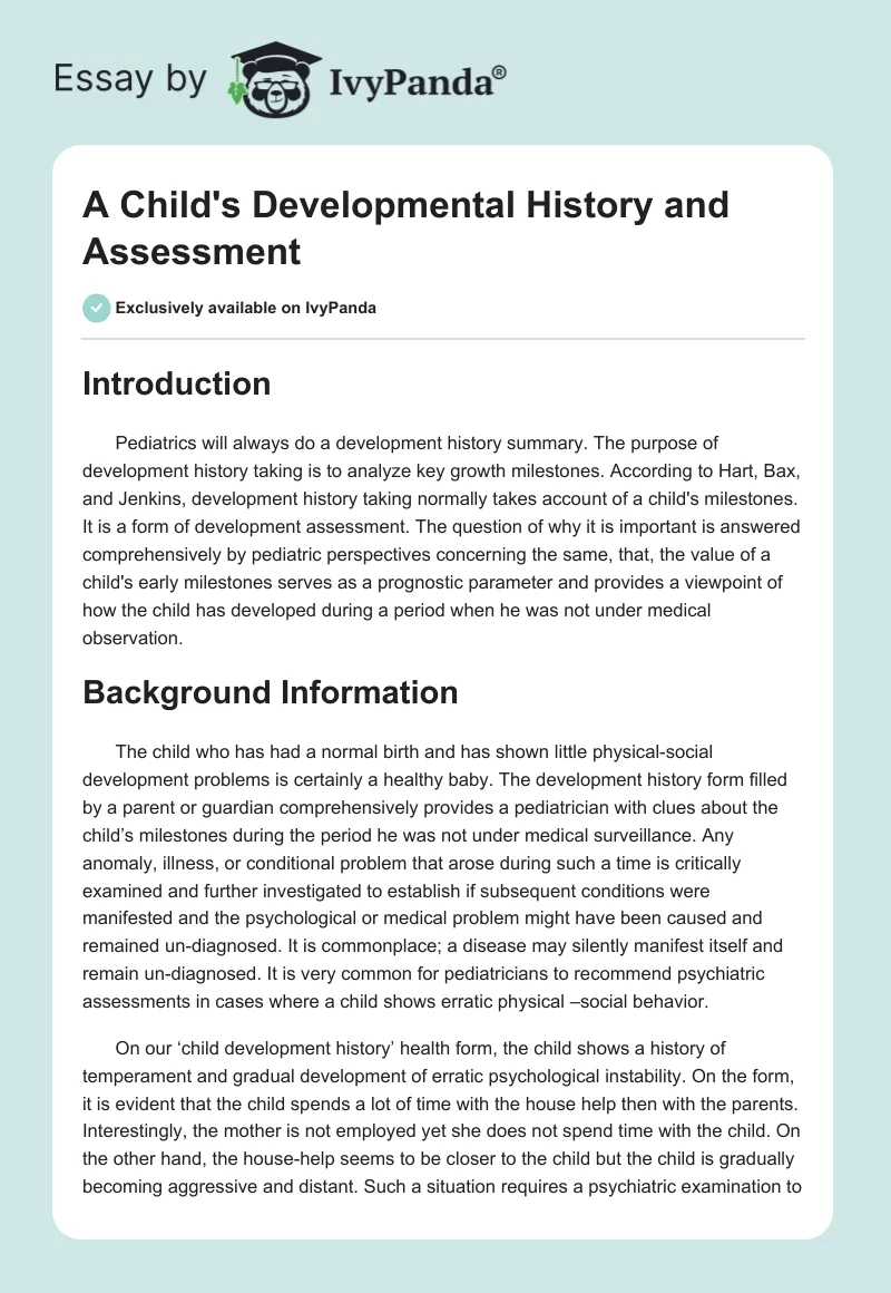 A Child's Developmental History and Assessment. Page 1