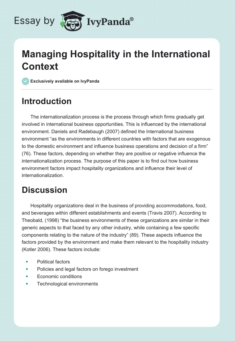 Managing Hospitality in the International Context. Page 1