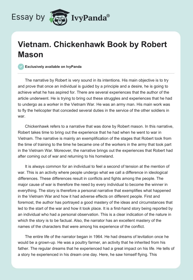 Vietnam. "Chickenhawk" Book by Robert Mason. Page 1