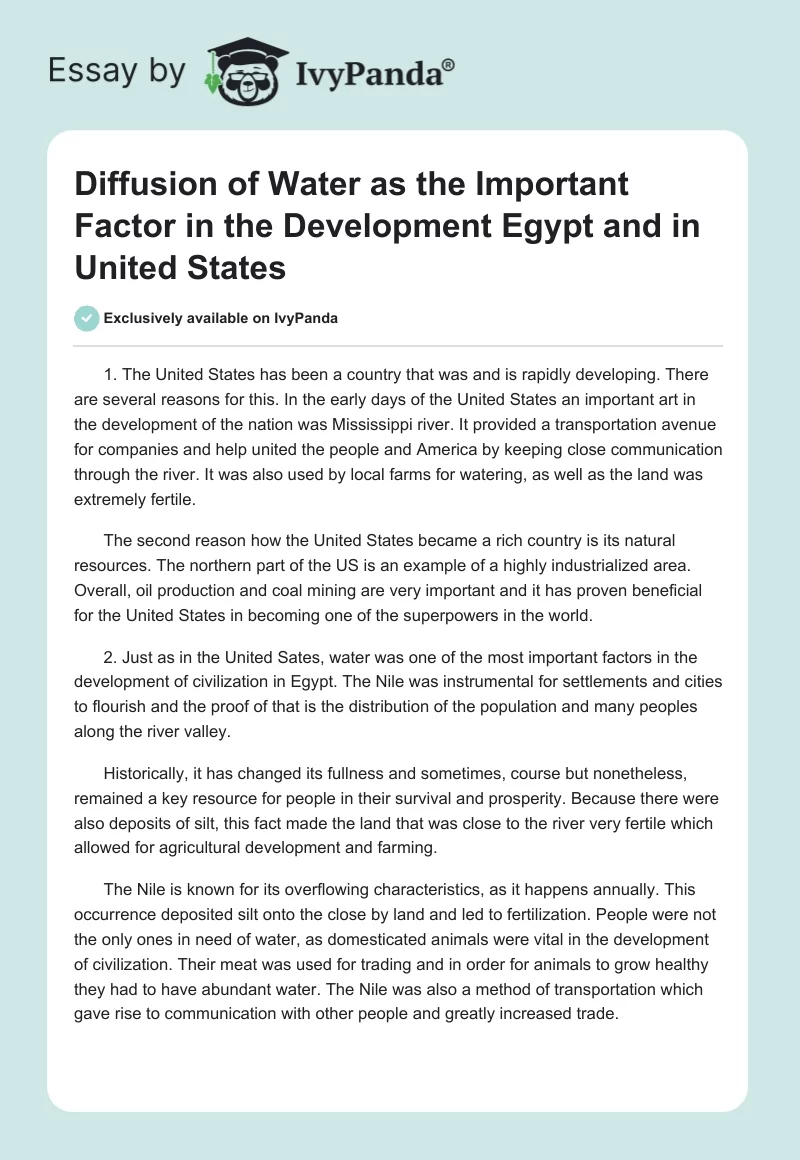 Diffusion of Water as the Important Factor in the Development Egypt and in United States. Page 1
