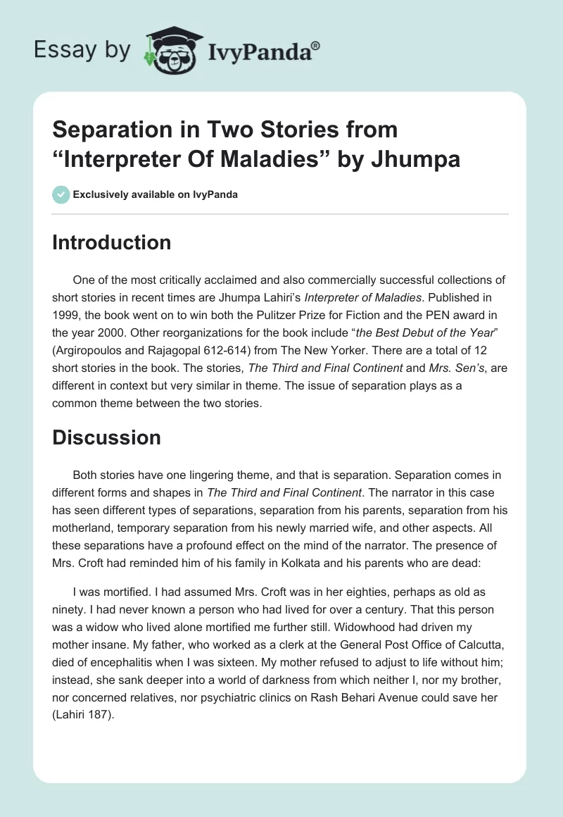 Separation in Two Stories from “Interpreter Of Maladies” by Jhumpa. Page 1