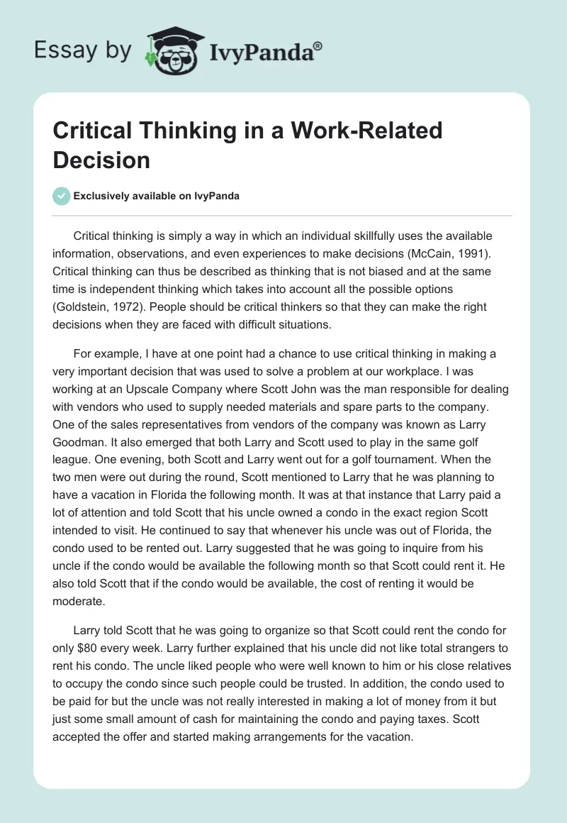 Critical Thinking in a Work-Related Decision. Page 1