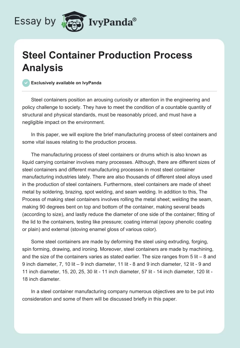 Steel Container Production Process Analysis. Page 1