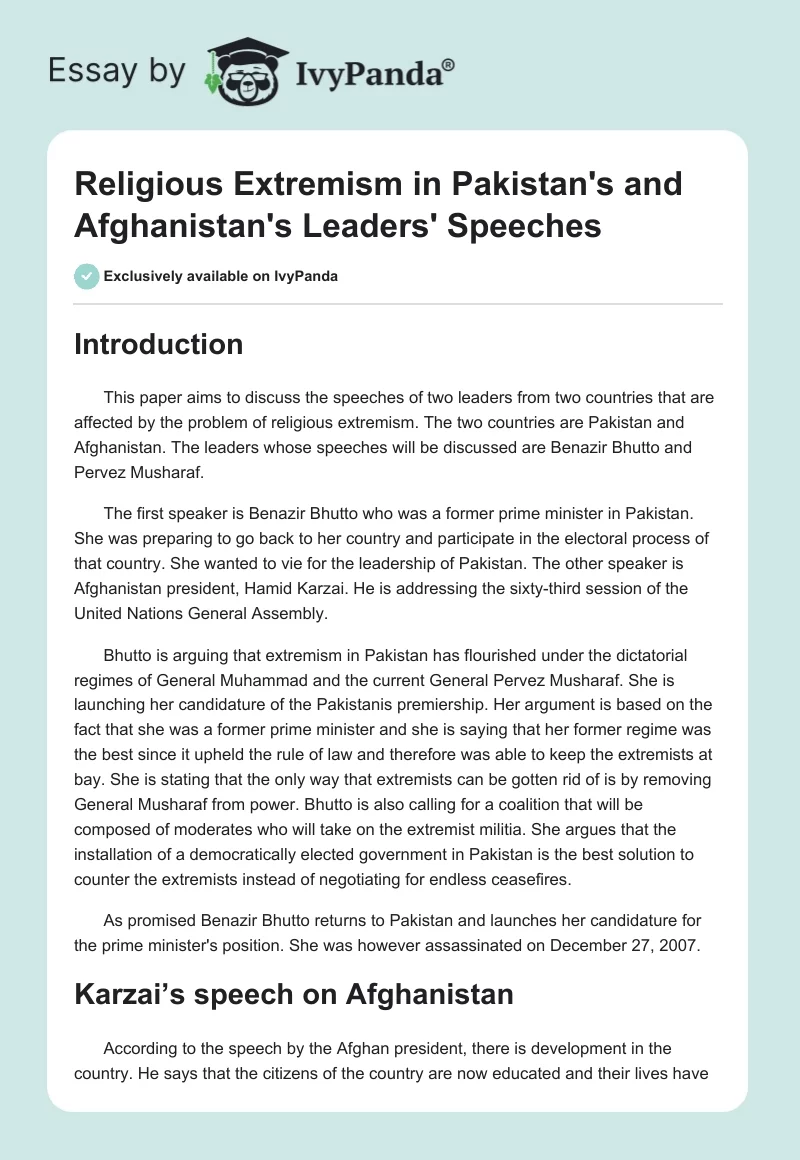 Religious Extremism in Pakistan's and Afghanistan's Leaders' Speeches. Page 1