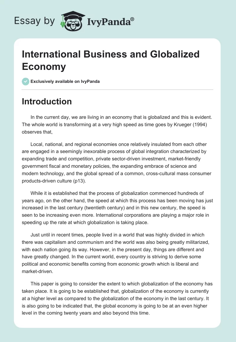 International Business and Globalized Economy. Page 1