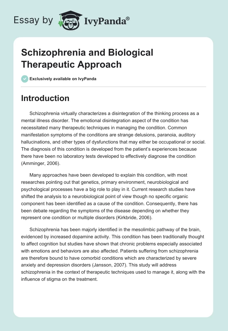 Schizophrenia and Biological Therapeutic Approach. Page 1