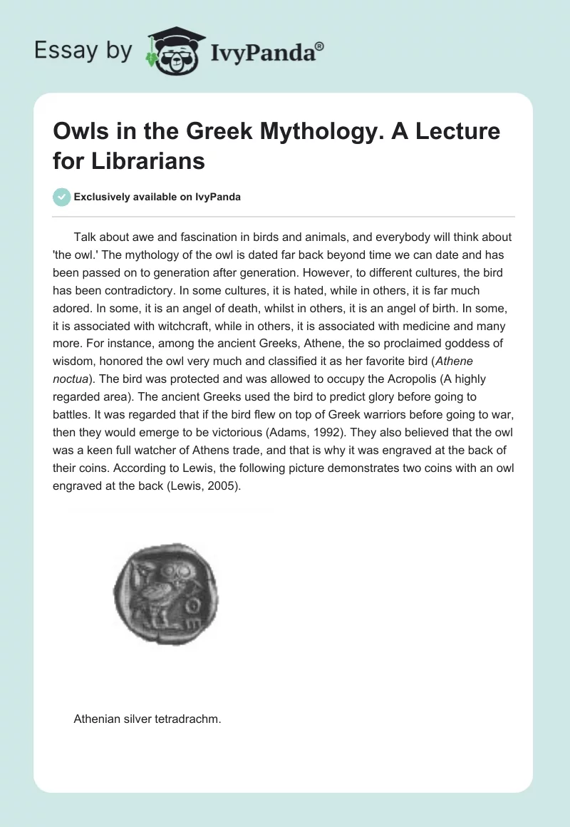 Owls in the Greek Mythology. A Lecture for Librarians. Page 1