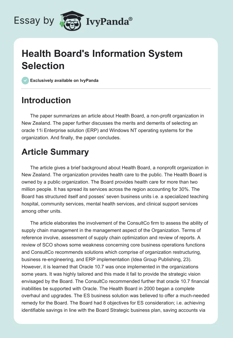 Health Board's Information System Selection. Page 1