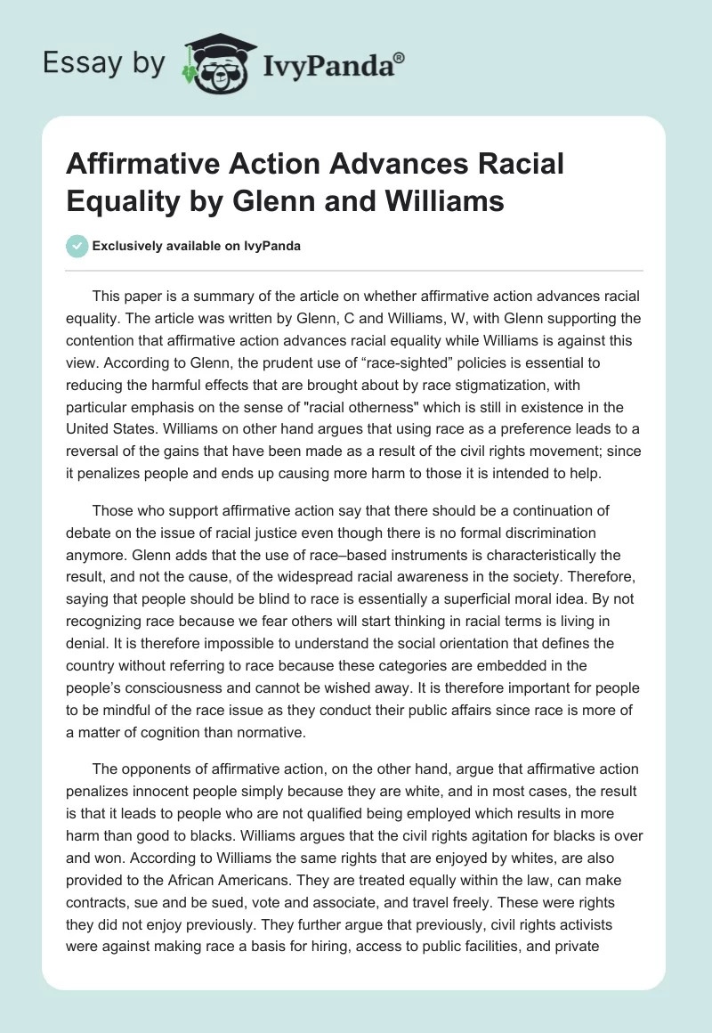 Affirmative Action Advances Racial Equality by Glenn and Williams. Page 1
