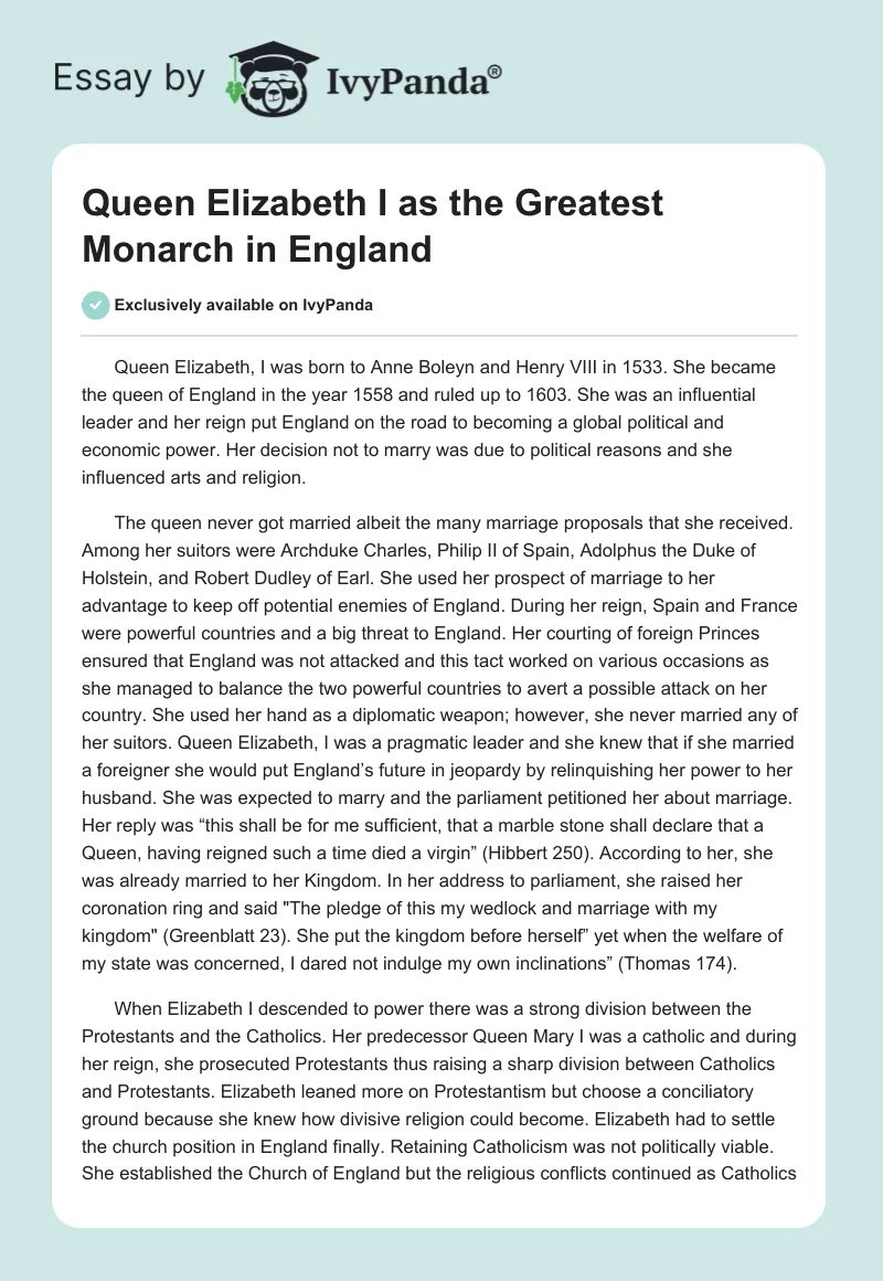 Queen Elizabeth I as the Greatest Monarch in England. Page 1