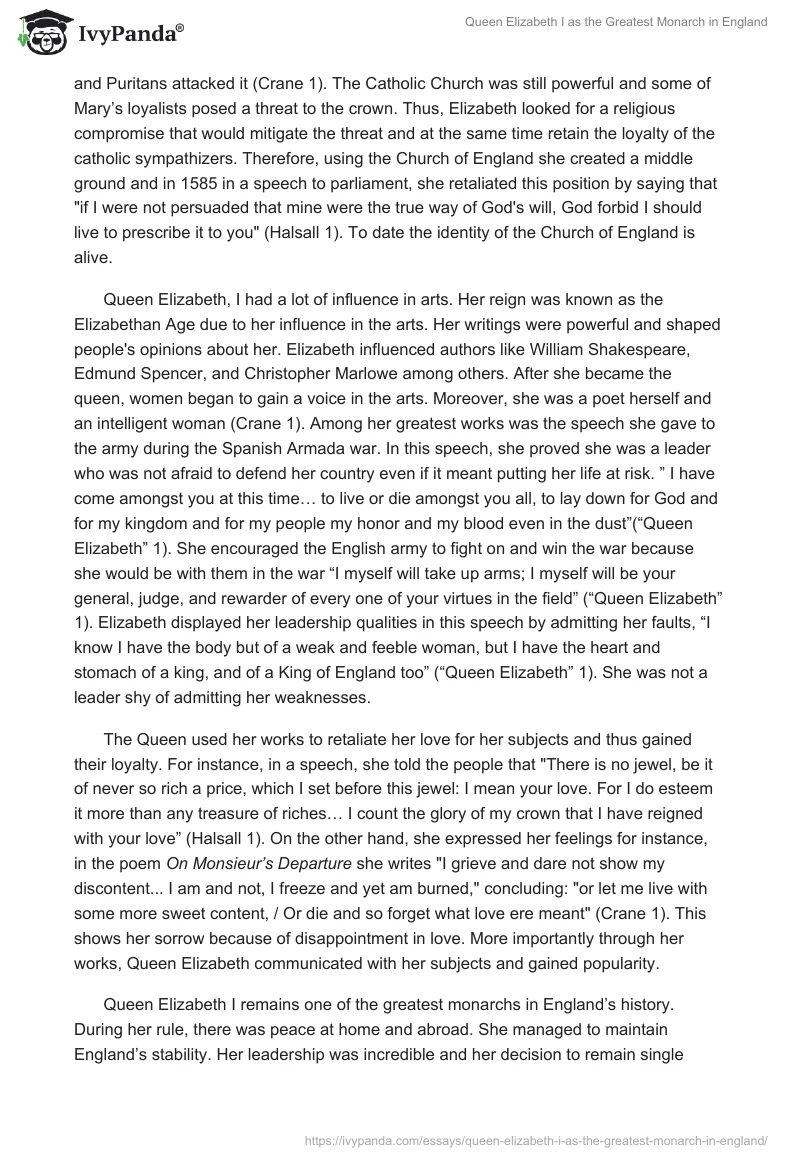 Queen Elizabeth I as the Greatest Monarch in England. Page 2