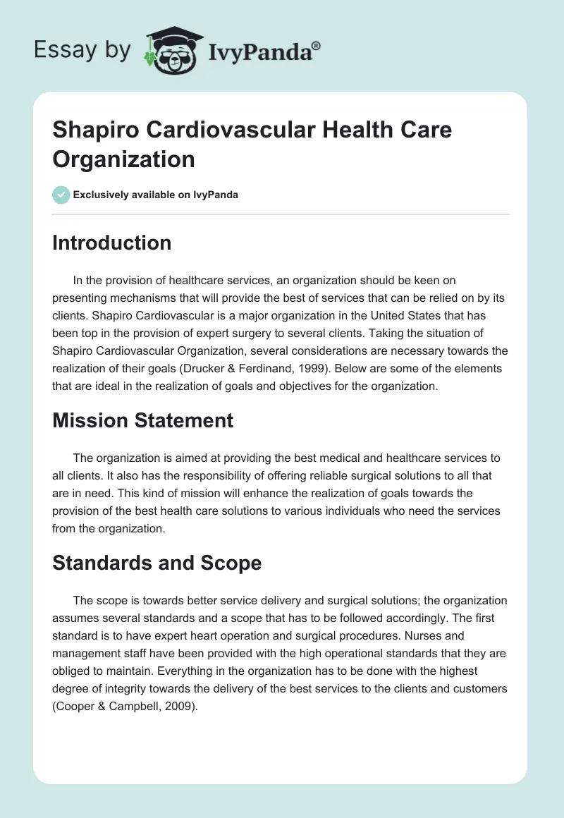 Shapiro Cardiovascular Health Care Organization. Page 1