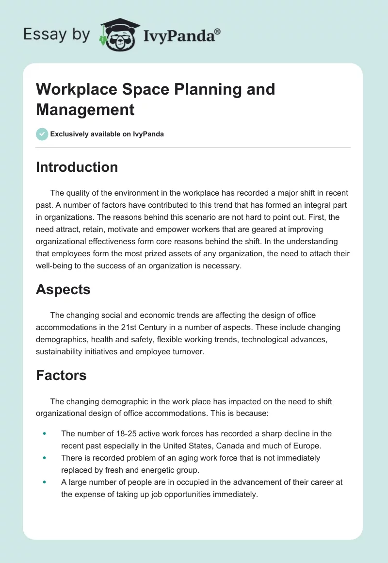 Workplace Space Planning and Management. Page 1