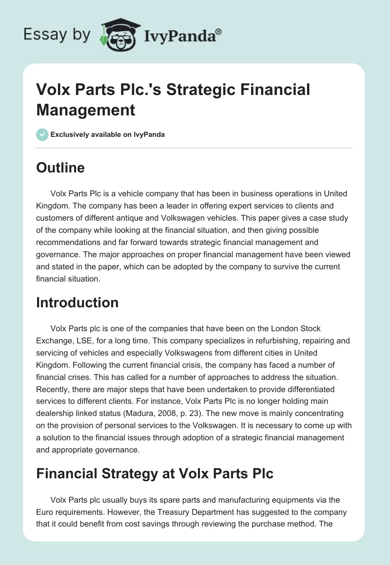 Volx Parts Plc.'s Strategic Financial Management. Page 1