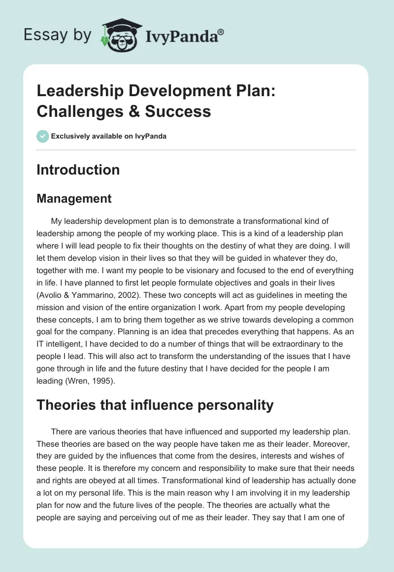 Leadership Development Plan: Challenges & Success. Page 1