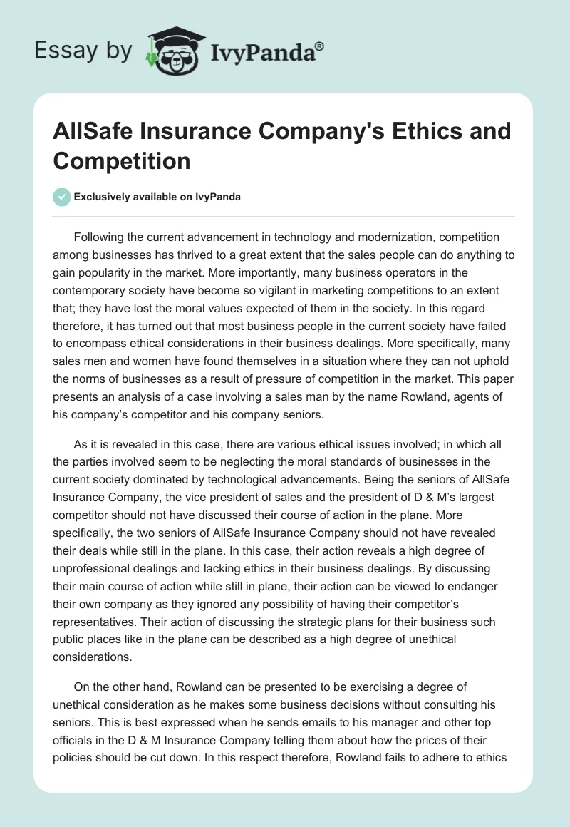 AllSafe Insurance Company's Ethics and Competition. Page 1