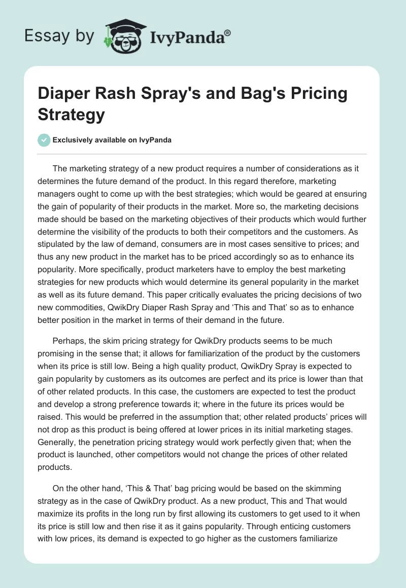 Diaper Rash Spray's and Bag's Pricing Strategy. Page 1
