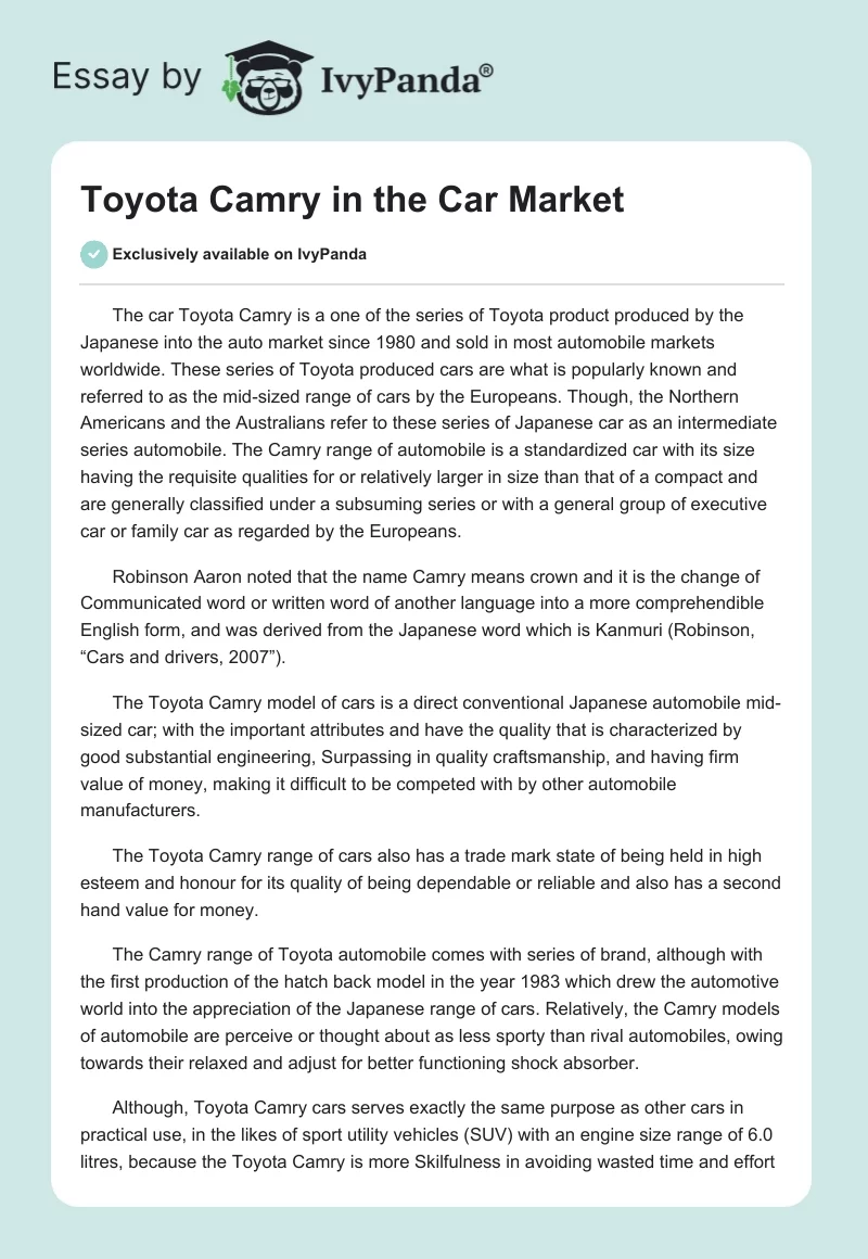 Toyota Camry in the Car Market. Page 1