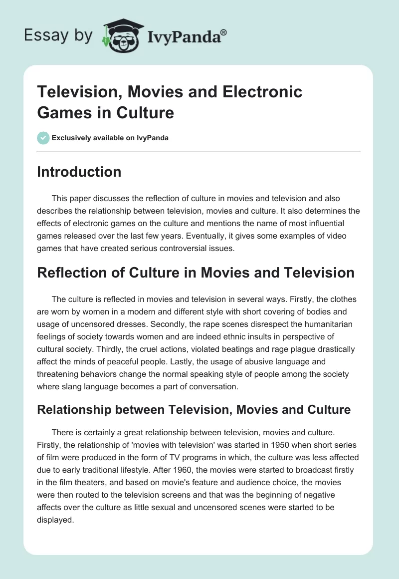 Television, Movies and Electronic Games in Culture. Page 1
