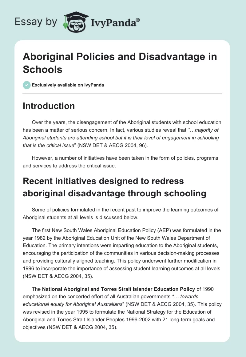 Aboriginal Policies and Disadvantage in Schools. Page 1