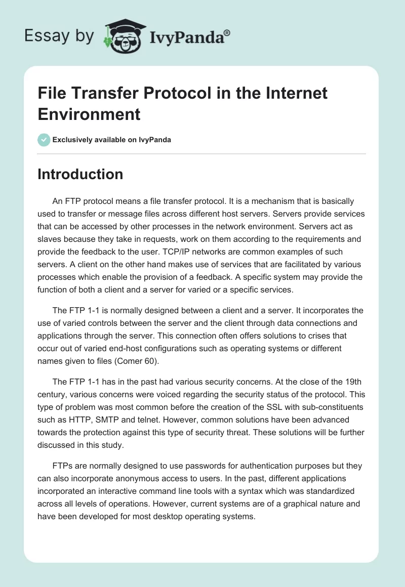 File Transfer Protocol in the Internet Environment. Page 1
