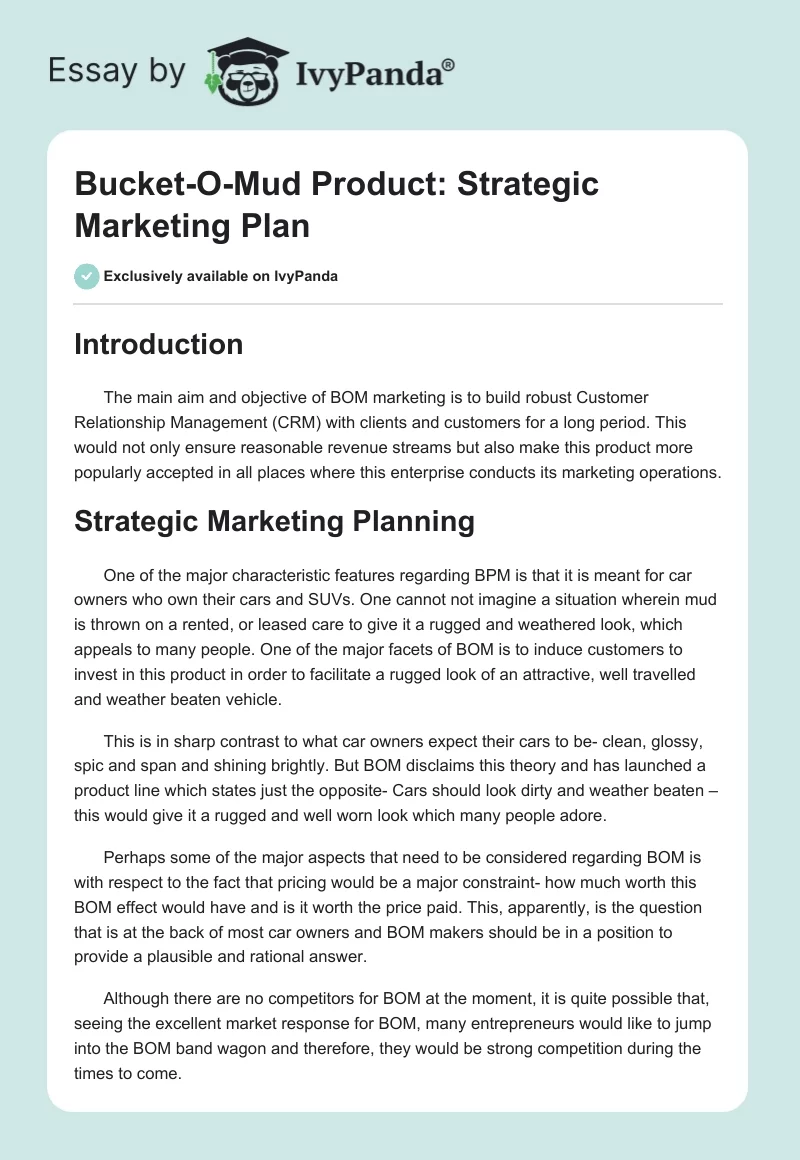 Bucket-O-Mud Product: Strategic Marketing Plan. Page 1