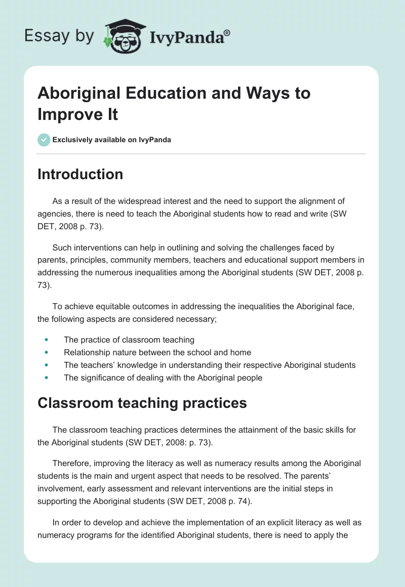 Aboriginal Education and Ways to Improve It. Page 1