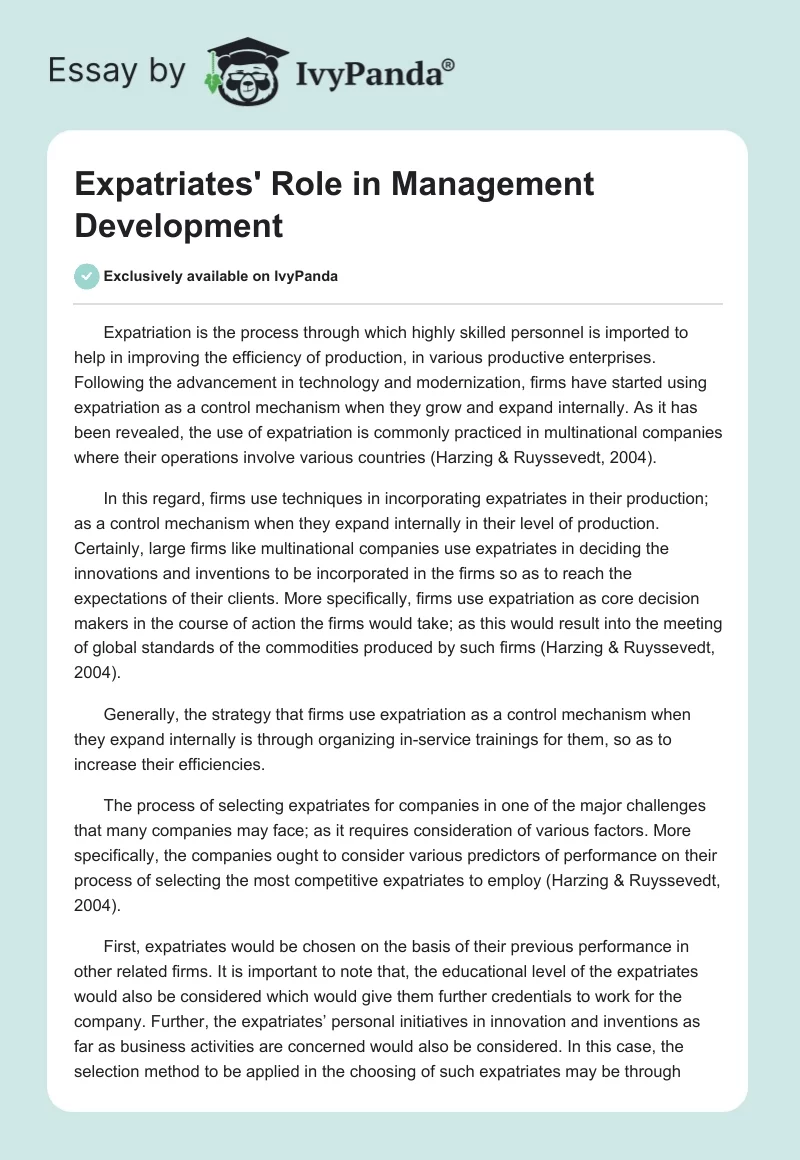 Expatriates' Role in Management Development. Page 1