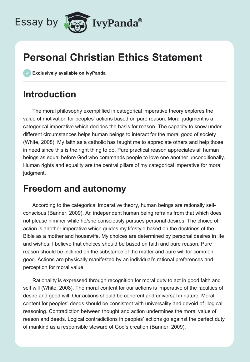 Personal Christian Ethics Statement. Page 1