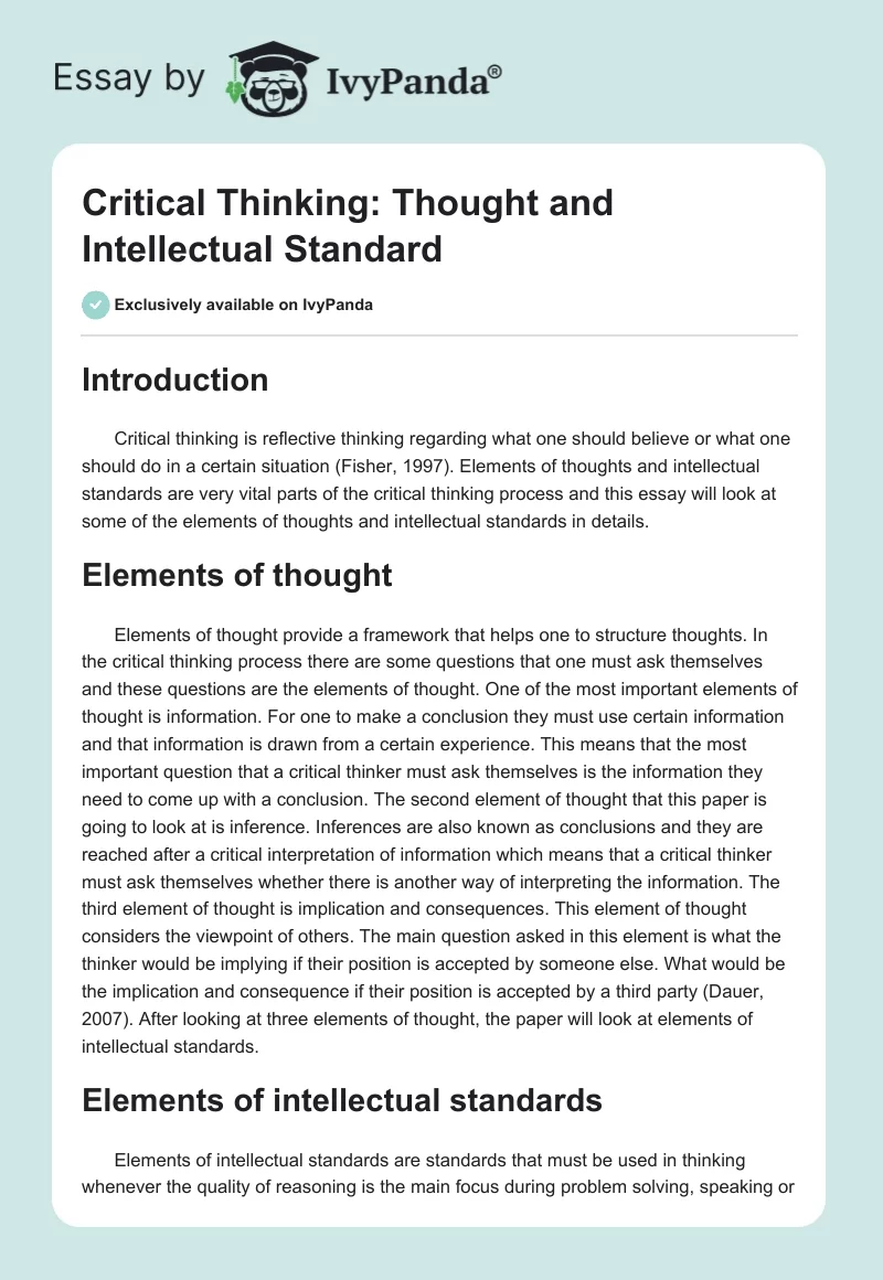 Critical Thinking: Thought and Intellectual Standard. Page 1