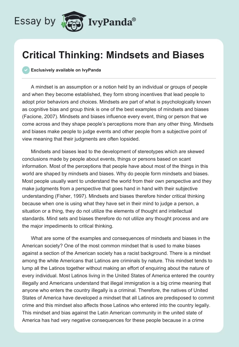 Critical Thinking: Mindsets and Biases. Page 1