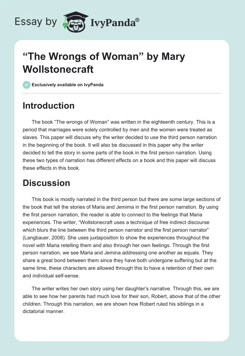 “The Wrongs of Woman” by Mary Wollstonecraft. Page 1