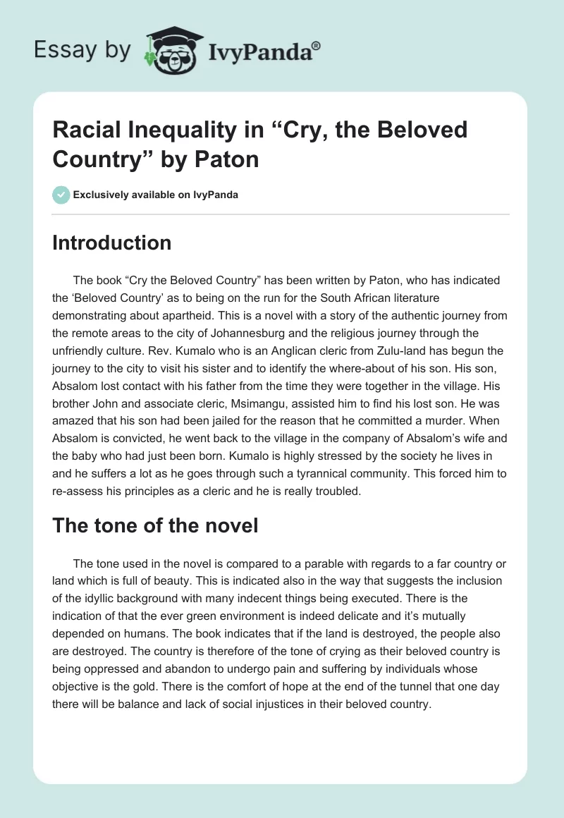 Racial Inequality in “Cry, the Beloved Country” by Paton. Page 1