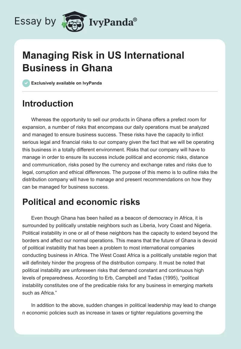 Managing Risk in US International Business in Ghana. Page 1