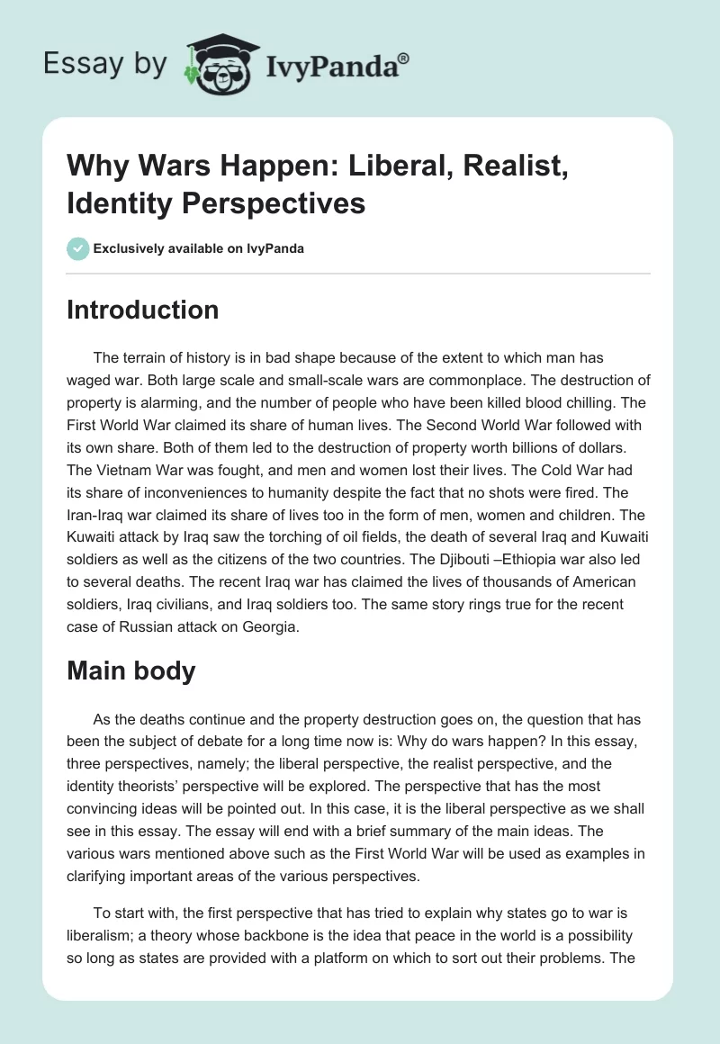 Why Wars Happen: Liberal, Realist, Identity Perspectives. Page 1