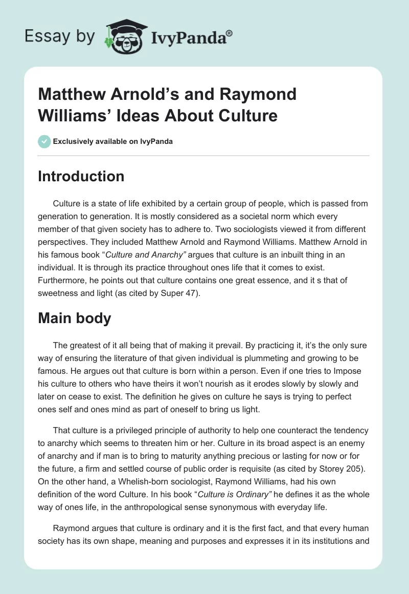 Matthew Arnold’s and Raymond Williams’ Ideas About Culture. Page 1