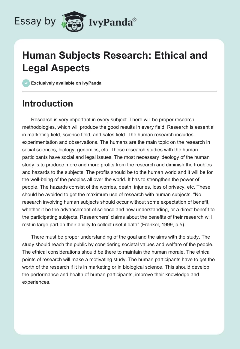 Human Subjects Research: Ethical and Legal Aspects. Page 1