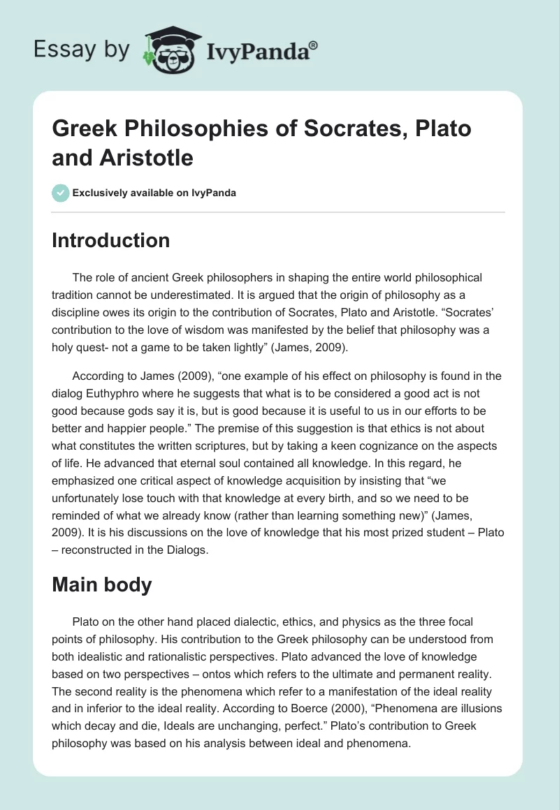 Greek Philosophies of Socrates, Plato and Aristotle. Page 1