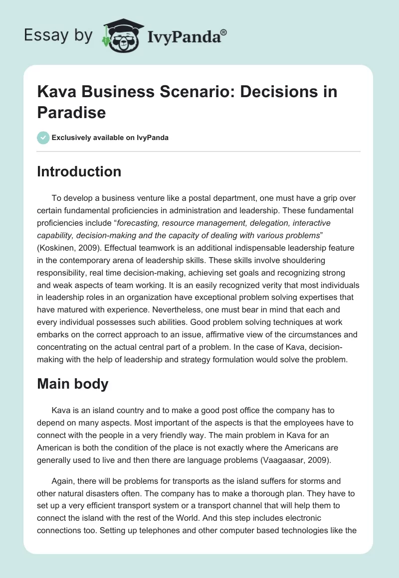 Kava Business Scenario: Decisions in Paradise. Page 1