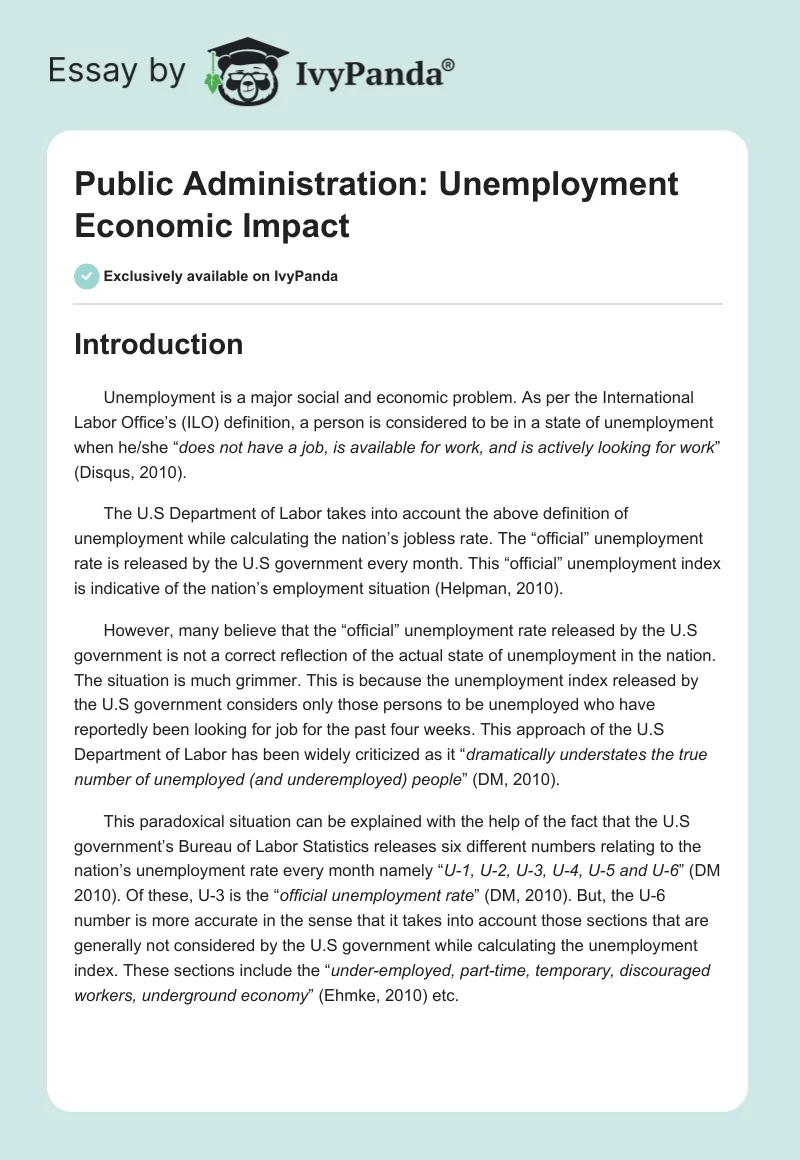 Public Administration: Unemployment Economic Impact. Page 1