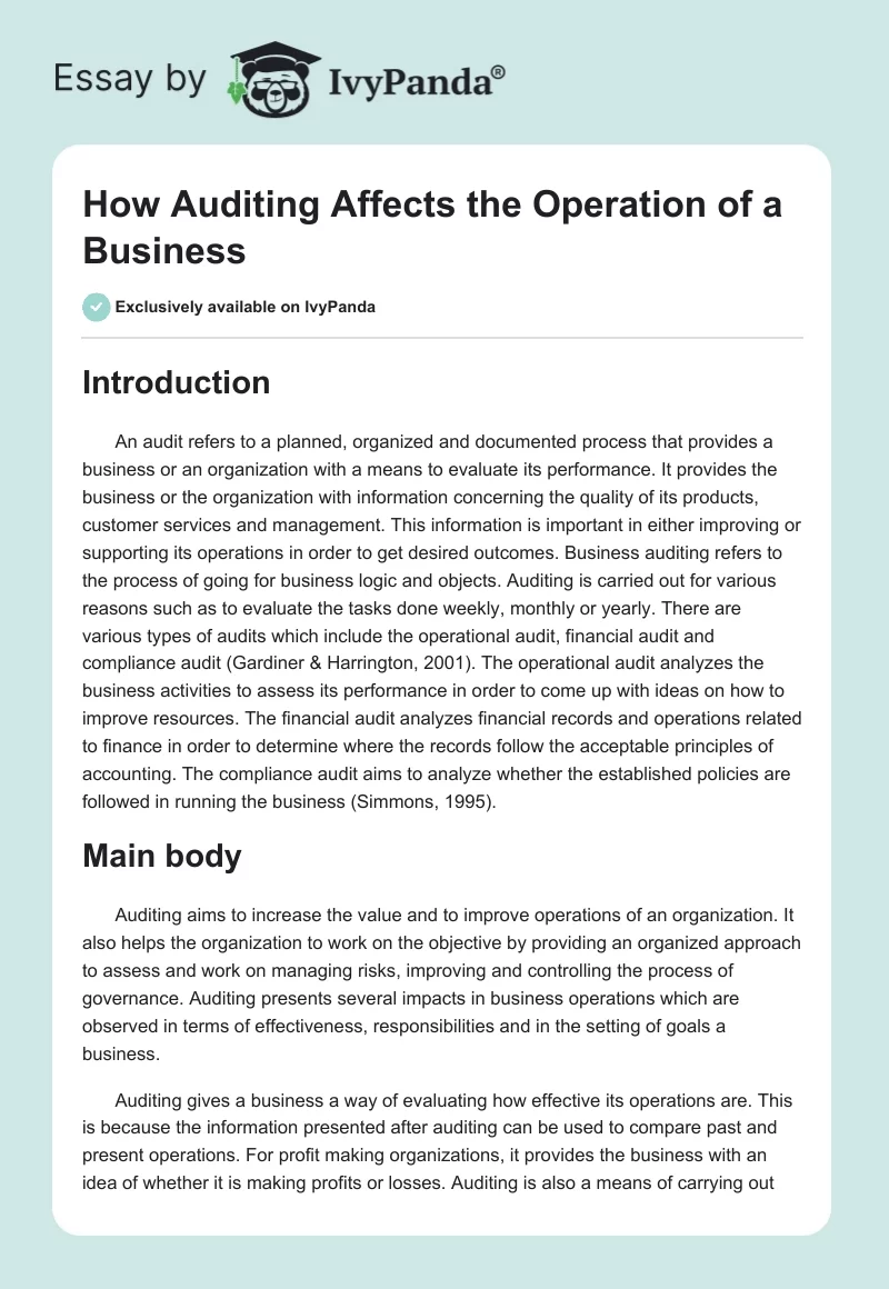 How Auditing Affects the Operation of a Business. Page 1
