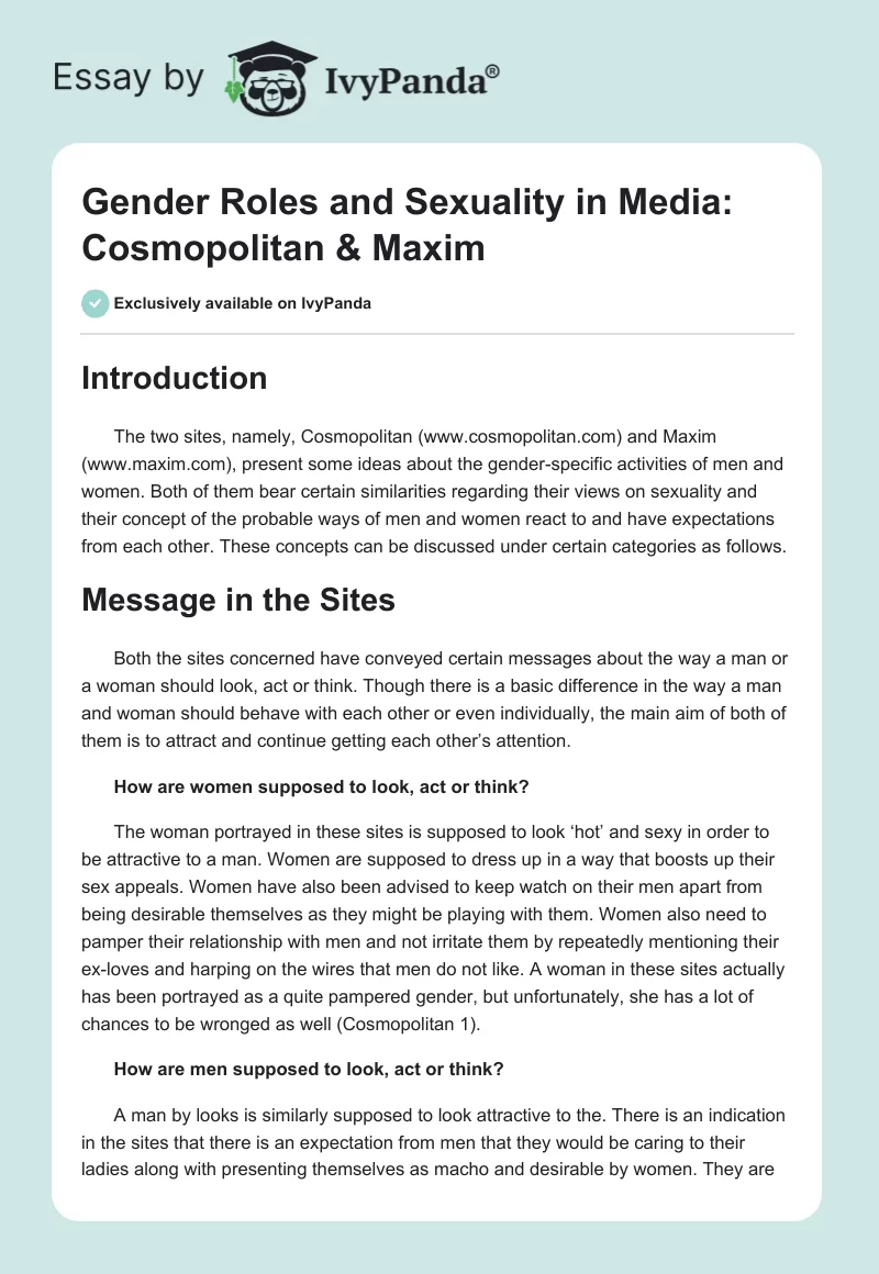Gender Roles and Sexuality in Media: Cosmopolitan & Maxim. Page 1
