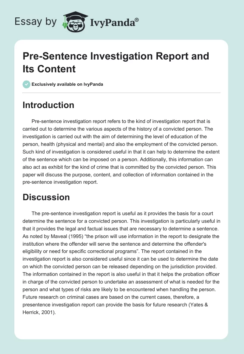 Pre-Sentence Investigation Report and Its Content. Page 1