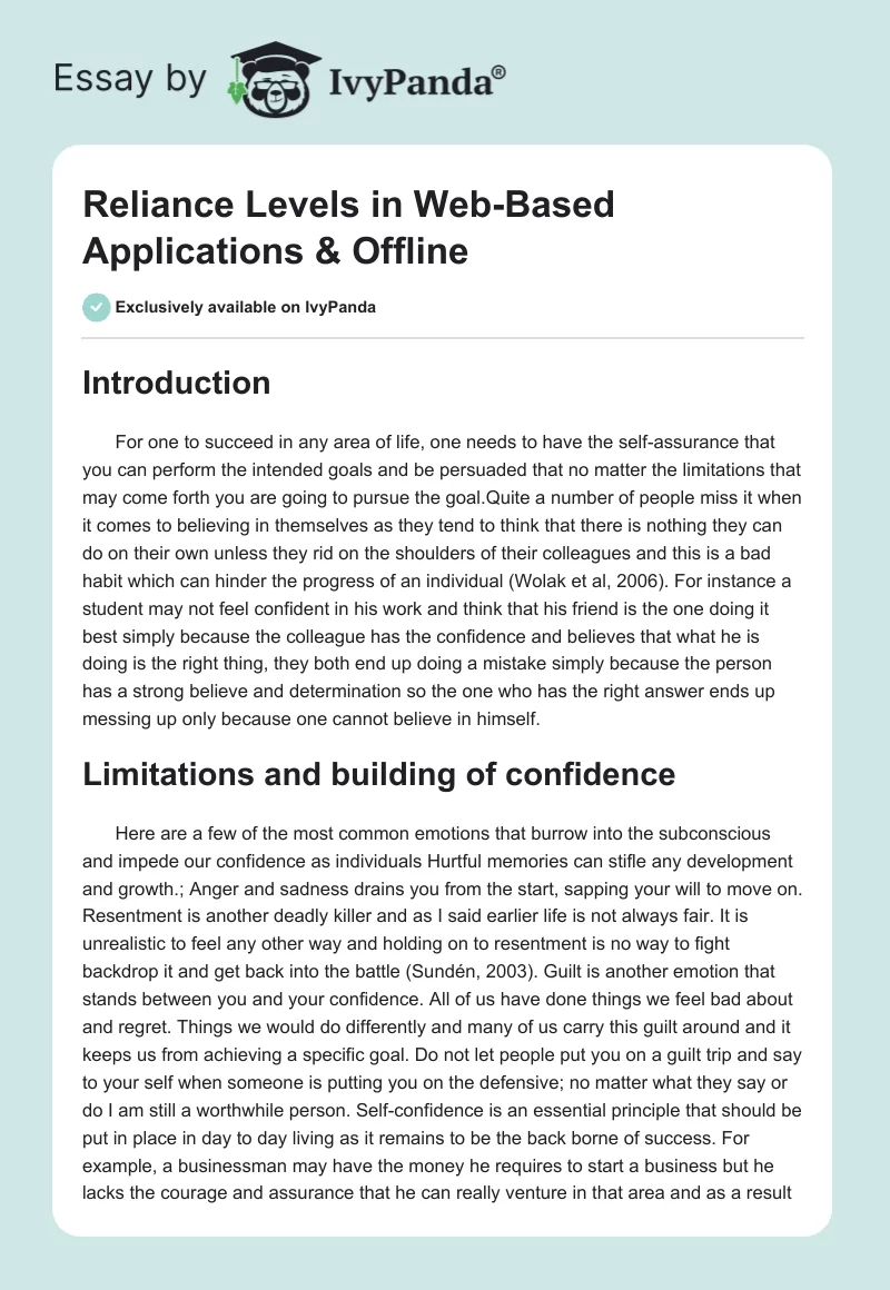 Reliance Levels in Web-Based Applications & Offline. Page 1