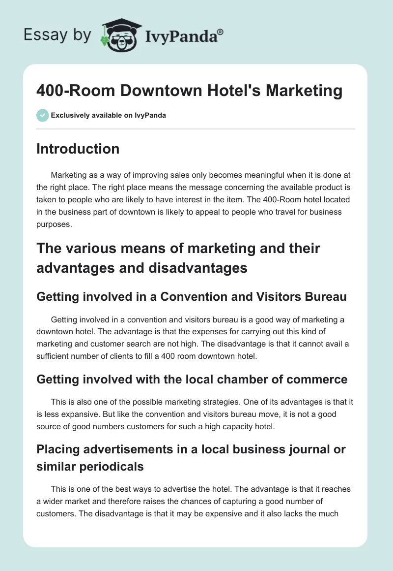 400-Room Downtown Hotel's Marketing. Page 1
