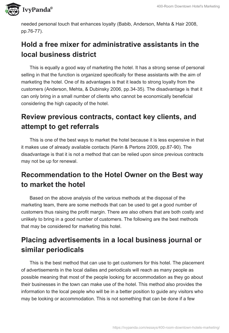 400-Room Downtown Hotel's Marketing. Page 2