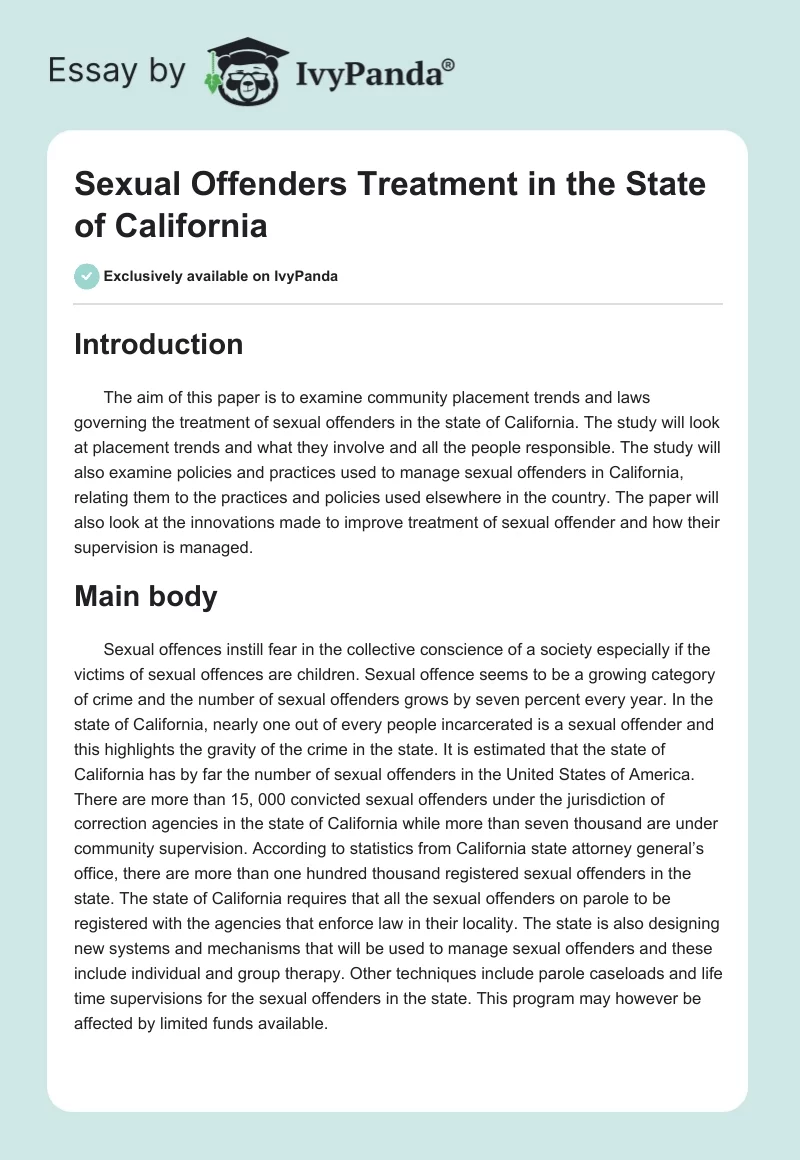 Sexual Offenders Treatment in the State of California. Page 1