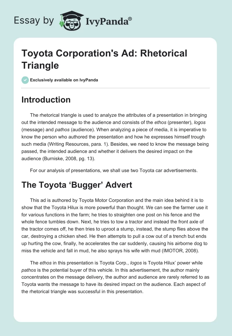Toyota Corporation's Ad: Rhetorical Triangle. Page 1